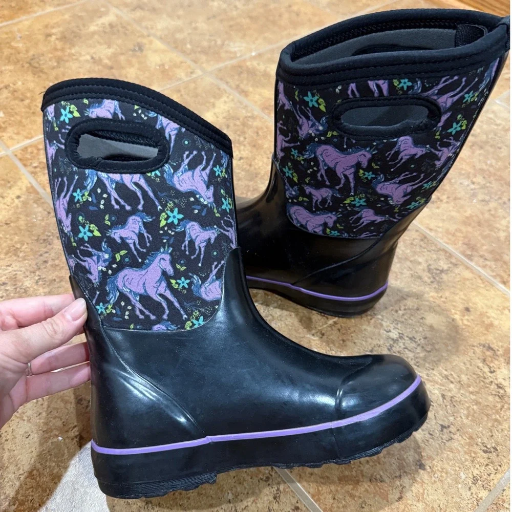 Bogs Kids Classic II Unicorn Insulated Black Lilas Winter Boots Sz 3 Youth Snow